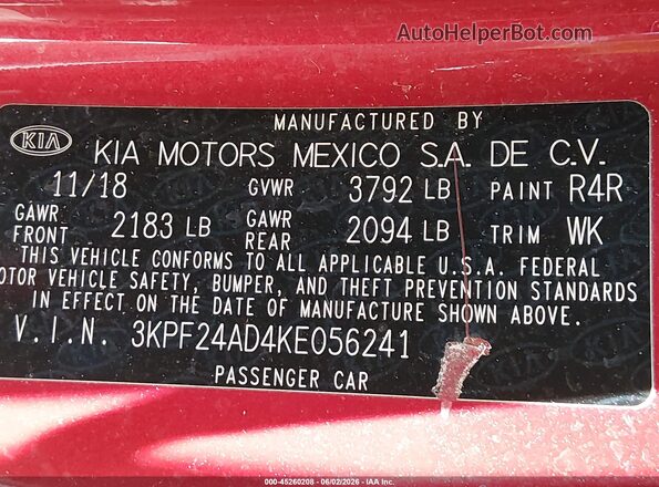 3KPF24AD4KE056241 2019 KIA FORTE Burgundy Engine compartment view