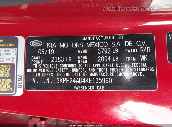 3KPF24AD4KE135960 2019 KIA FORTE Red Вид підкапотного простору