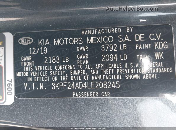 3KPF24AD4LE208245 2020 KIA FORTE Gray Вид підкапотного простору