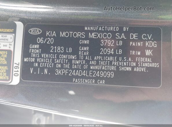 3KPF24AD4LE249099 2020 KIA FORTE Gray Widok komory silnika