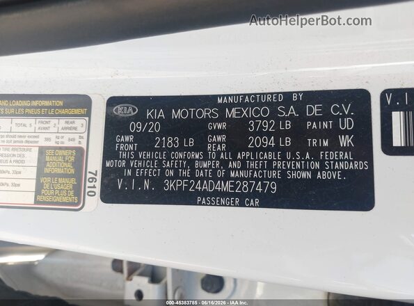 3KPF24AD4ME287479 2021 KIA FORTE White Engine compartment view