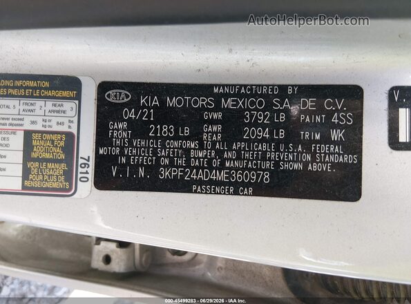 3KPF24AD4ME360978 2021 KIA FORTE Silver ძრავის განყოფილების ხედი