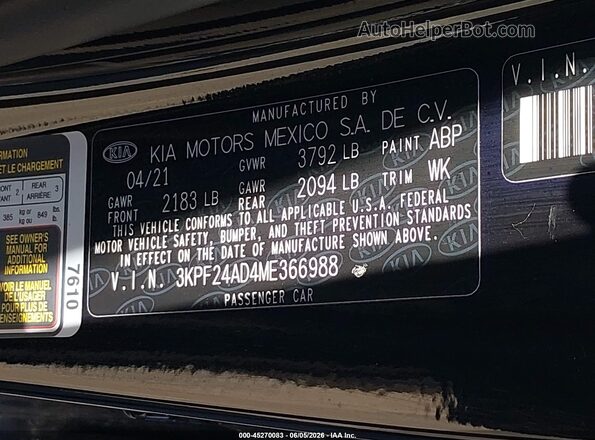 3KPF24AD4ME366988 2021 KIA FORTE Black ძრავის განყოფილების ხედი
