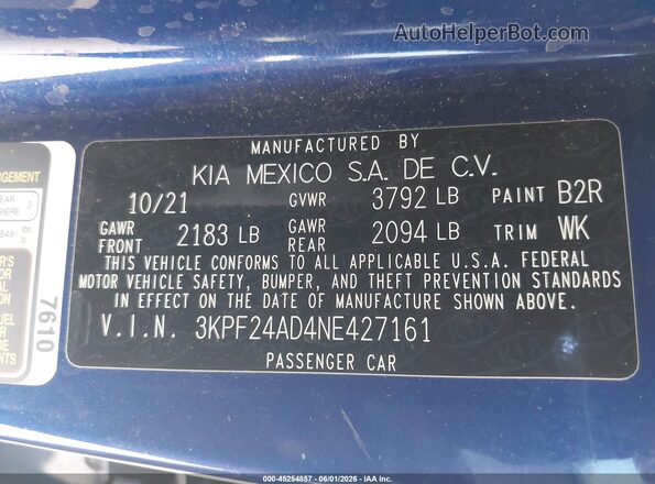 3KPF24AD4NE427161 2022 KIA FORTE Синий Вид подкапотного пространства