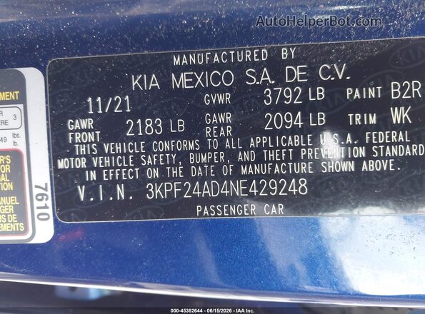3KPF24AD4NE429248 2022 KIA FORTE Синий Вид подкапотного пространства