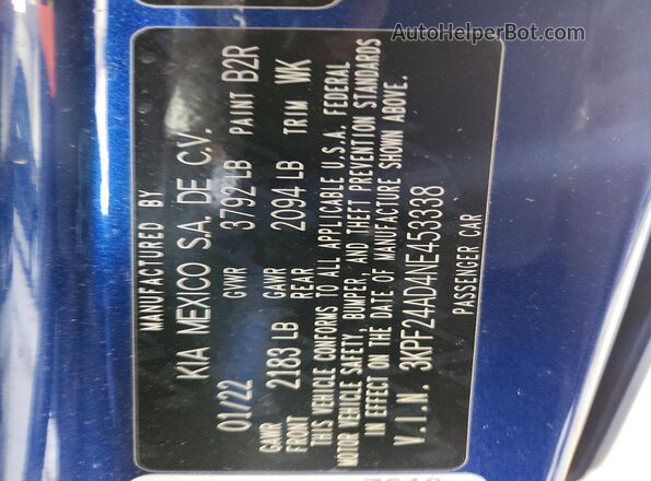3KPF24AD4NE453338 2022 KIA FORTE Blue Widok komory silnika