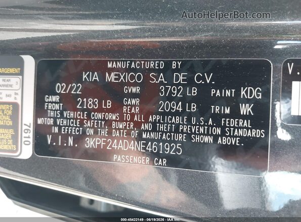 3KPF24AD4NE461925 2022 KIA FORTE Gray Շարժիչի բաժամունքի տեսք