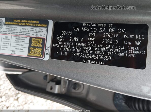 3KPF24AD4NE468390 2022 KIA FORTE Gray Vista del compartimento del motor