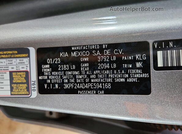 3KPF24AD4PE594168 2023 KIA FORTE Gray 
