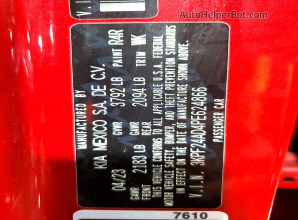 3KPF24AD4PE624866 2023 KIA FORTE Red VIN կոդի պիտակի տեսք