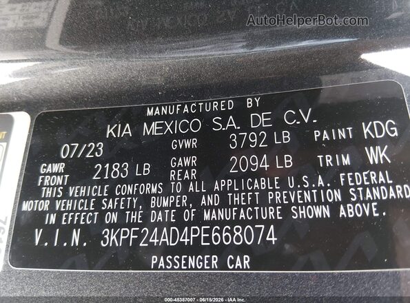 3KPF24AD4PE668074 2023 KIA FORTE Gray Widok komory silnika