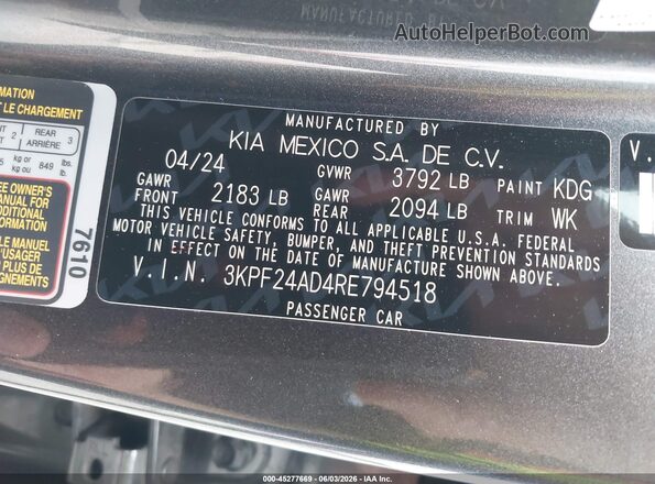 3KPF24AD4RE794518 2024 KIA FORTE Серый Вид подкапотного пространства