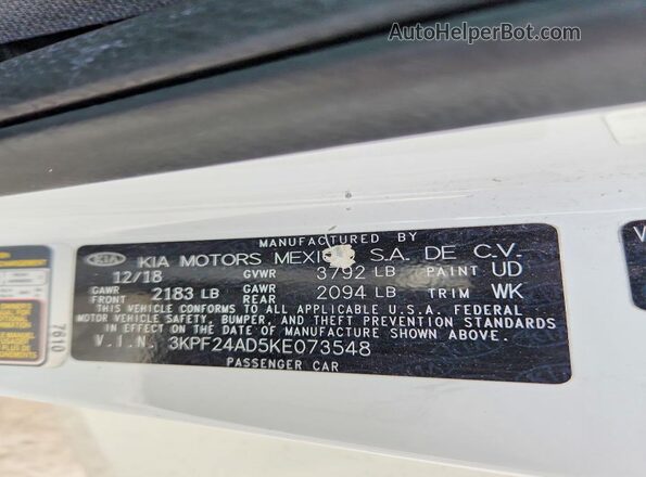 3KPF24AD5KE073548 2019 KIA FORTE Белый Вид подкапотного пространства