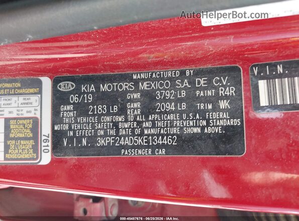 3KPF24AD5KE134462 2019 KIA FORTE Red ძრავის განყოფილების ხედი