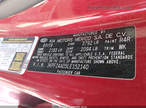 3KPF24AD5LE152140 2020 KIA FORTE Red Engine compartment view