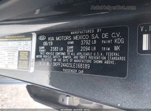 3KPF24AD5LE168189 2020 KIA FORTE Gray Widok komory silnika