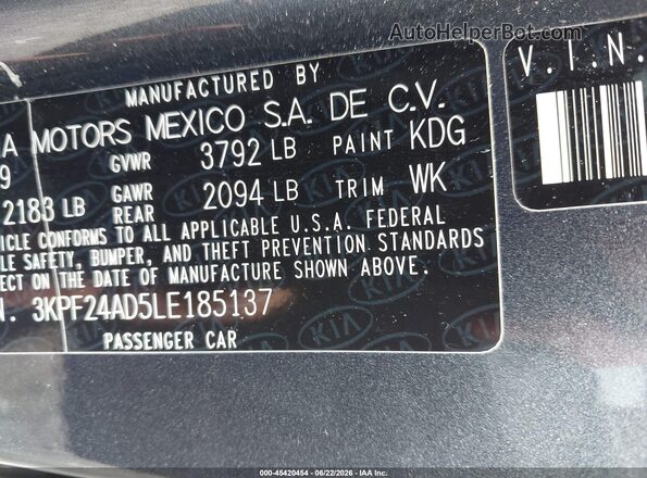 3KPF24AD5LE185137 2020 KIA FORTE Gray Շարժիչի բաժամունքի տեսք