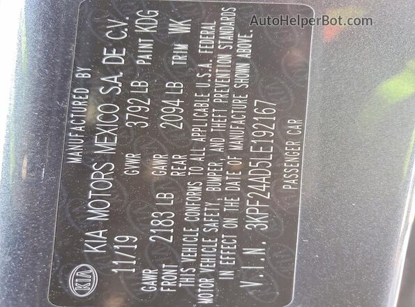 3KPF24AD5LE192167 2020 KIA FORTE Gray 