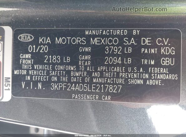 3KPF24AD5LE217827 2020 KIA FORTE Gray Engine compartment view
