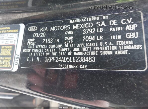 3KPF24AD5LE238483 2020 KIA FORTE Black Vista del compartimento del motor