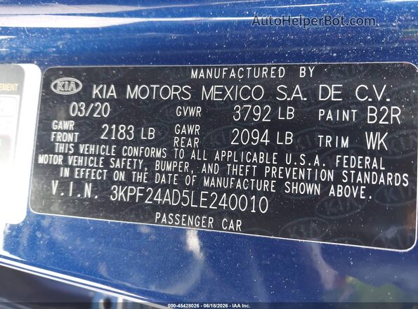 3KPF24AD5LE240010 2020 KIA FORTE Blue 