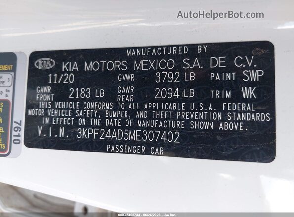3KPF24AD5ME307402 2021 KIA FORTE Белый Вид подкапотного пространства