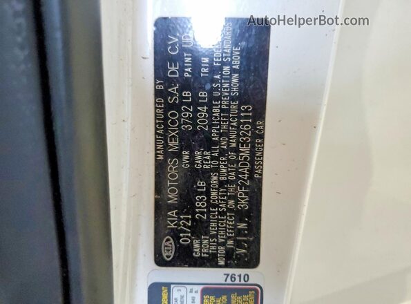 3KPF24AD5ME326113 2021 KIA FORTE White 