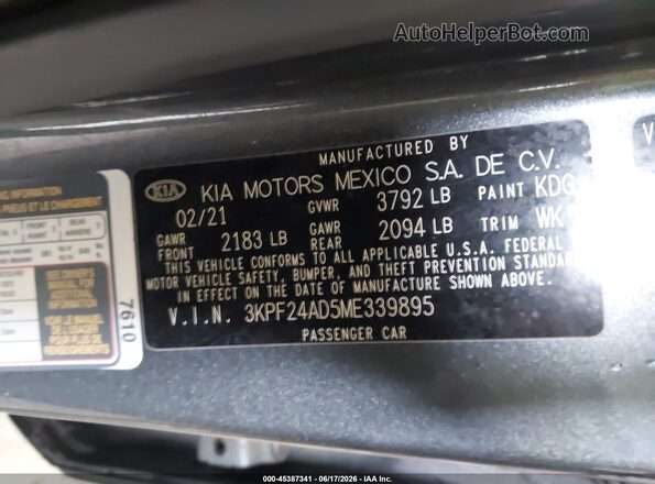 3KPF24AD5ME339895 2021 KIA FORTE Gray Вид підкапотного простору