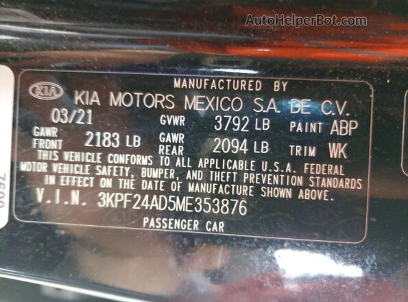3KPF24AD5ME353876 2021 KIA FORTE Black ძრავის განყოფილების ხედი