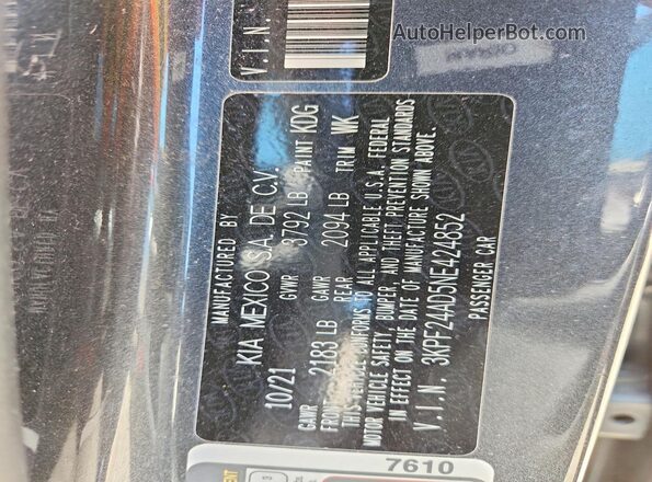 3KPF24AD5NE424852 2022 KIA FORTE Charcoal 