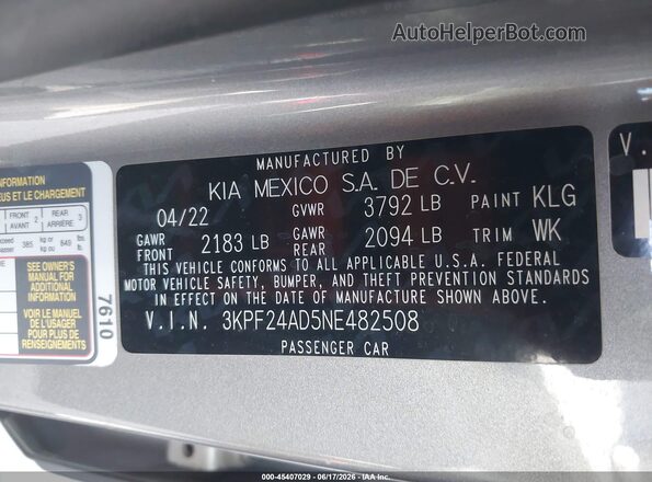 3KPF24AD5NE482508 2022 KIA FORTE Silver Widok komory silnika