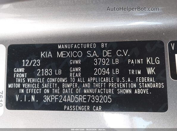3KPF24AD5RE739205 2024 KIA FORTE Silver ძრავის განყოფილების ხედი