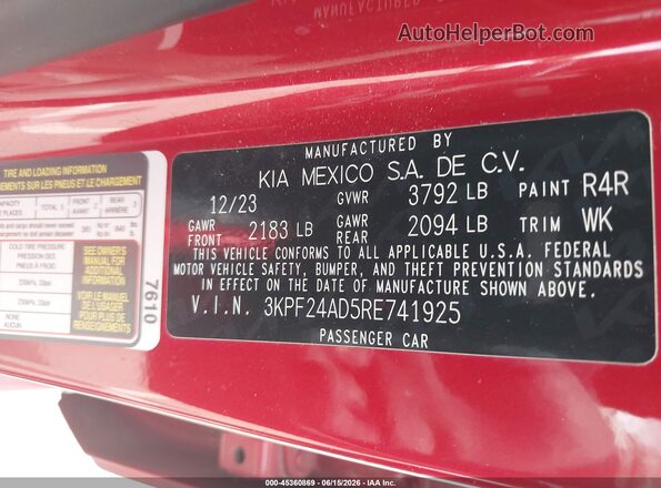 3KPF24AD5RE741925 2024 KIA FORTE Красный Вид подкапотного пространства