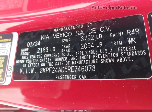 3KPF24AD5RE746073 2024 KIA FORTE Red Vista del compartimento del motor
