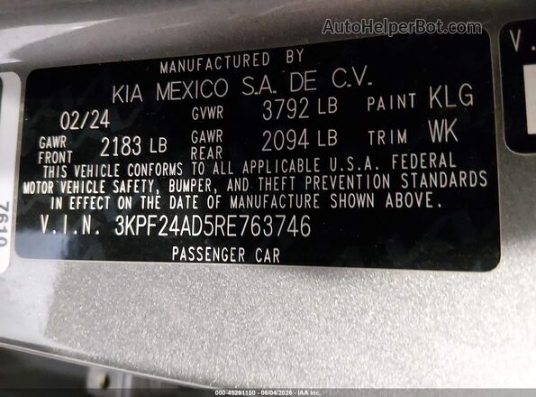 3KPF24AD5RE763746 2024 KIA FORTE Silver Vista del compartimento del motor