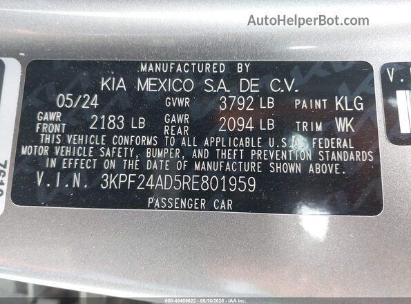 3KPF24AD5RE801959 2024 KIA FORTE Gray Շարժիչի բաժամունքի տեսք
