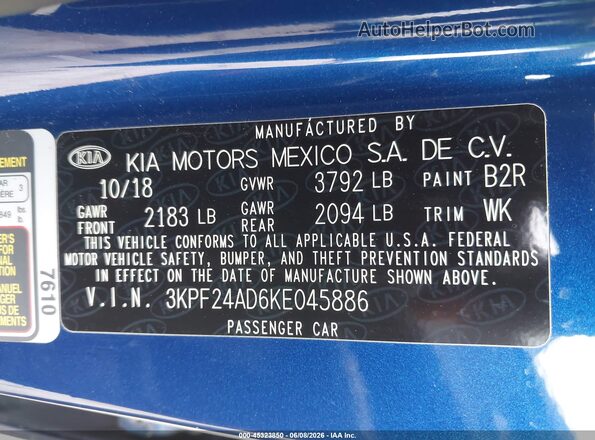 3KPF24AD6KE045886 2019 KIA FORTE Blue Вид підкапотного простору