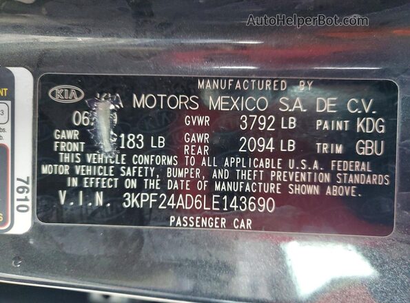 3KPF24AD6LE143690 2020 KIA FORTE Charcoal Widok naklejki z numerem VIN