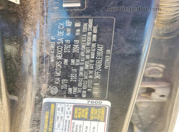 3KPF24AD6LE180447 2020 KIA FORTE Black ძრავის განყოფილების ხედი