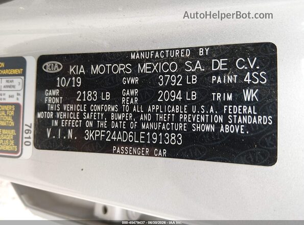 3KPF24AD6LE191383 2020 KIA FORTE Silver Vista del compartimento del motor