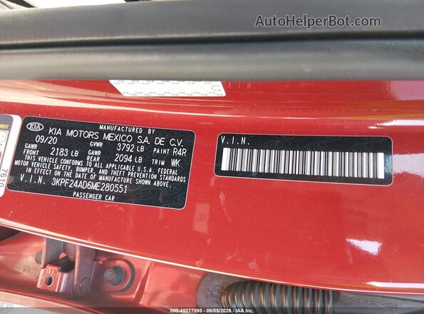 3KPF24AD6ME280551 2021 KIA FORTE Красный 