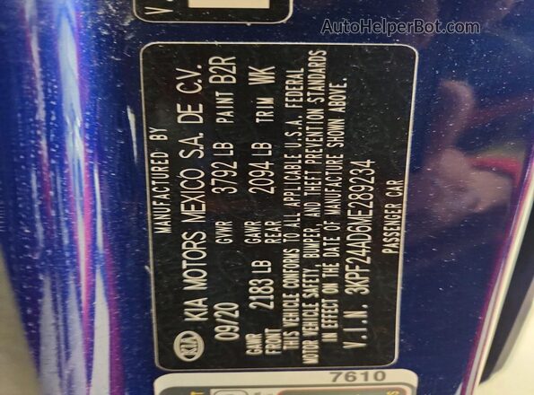 3KPF24AD6ME289234 2021 KIA FORTE Blue VIN sticker view