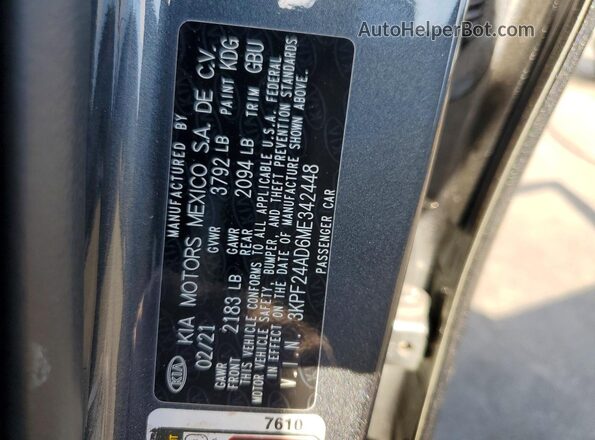 3KPF24AD6ME342448 2021 KIA FORTE Gray Շարժիչի բաժամունքի տեսք