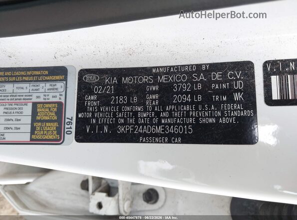 3KPF24AD6ME346015 2021 KIA FORTE White Вид підкапотного простору
