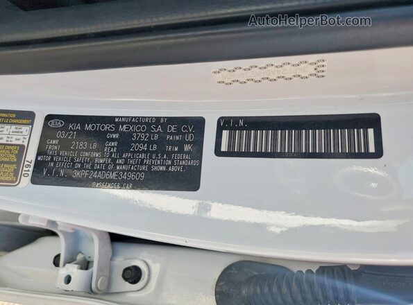 3KPF24AD6ME349609 2021 KIA FORTE White VIN კოდის სტიკერის ხედი