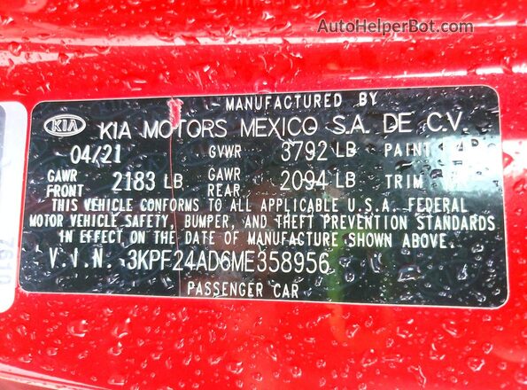 3KPF24AD6ME358956 2021 KIA FORTE Red Engine compartment view