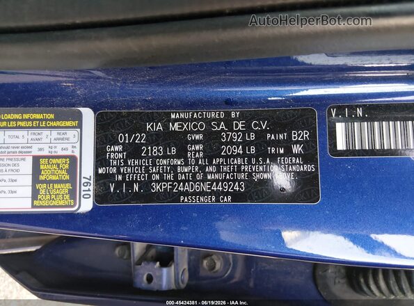 3KPF24AD6NE449243 2022 KIA FORTE Blue Вид підкапотного простору