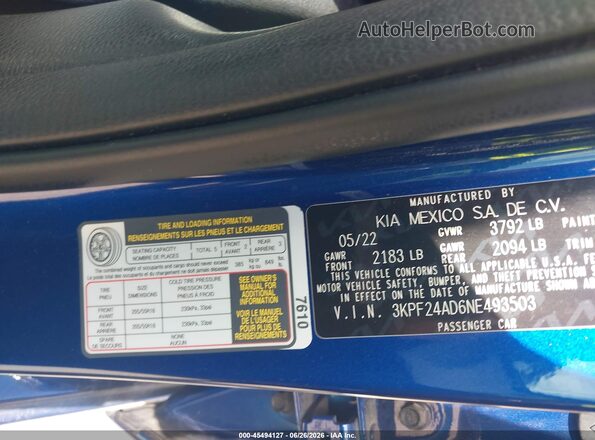3KPF24AD6NE493503 2022 KIA FORTE Blue Engine compartment view