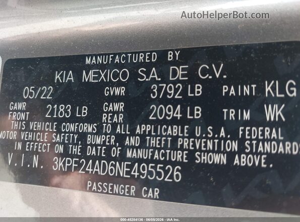 3KPF24AD6NE495526 2022 KIA FORTE Silver ძრავის განყოფილების ხედი