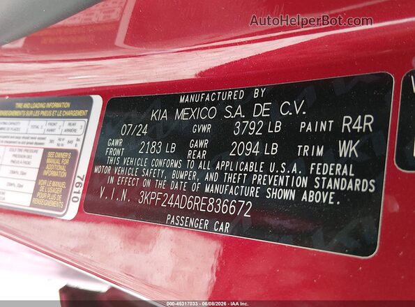 3KPF24AD6RE836672 2024 KIA FORTE Красный Вид подкапотного пространства